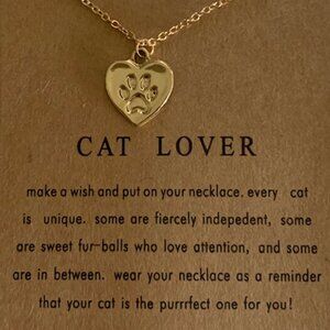 Cute Gold "Cat Lover" Heart Paw Carded Pendant Necklace